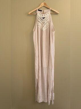 NWT Sleeveless Tan Crochet Halter Maxi Dress Sz XL Flowy Beachy Resort Elegant